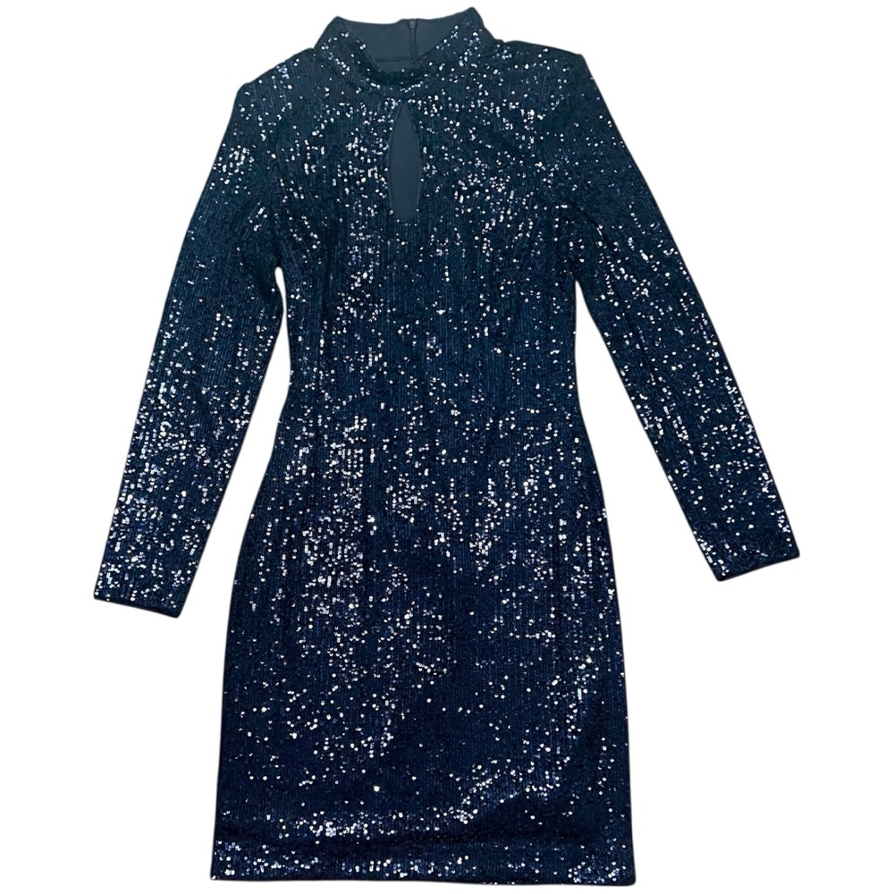 Vince Camuto Navy Sequin Long Sleeve Dress w/mock turtleneck and keyhole size 10